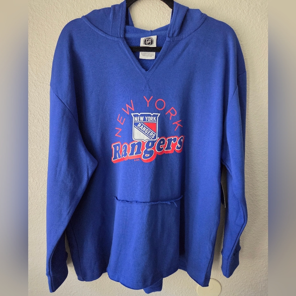 New York Rangers V Neck Hoodie NHL Hockey Blue Red Women's Size Large NWT